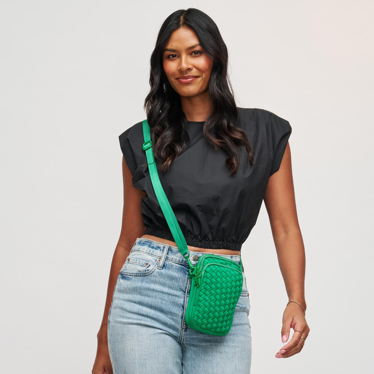 Woman wearing Kelly Green Sol and Selene Divide & Conquer - Woven Neoprene Crossbody 841764108751 View 1 | Kelly Green