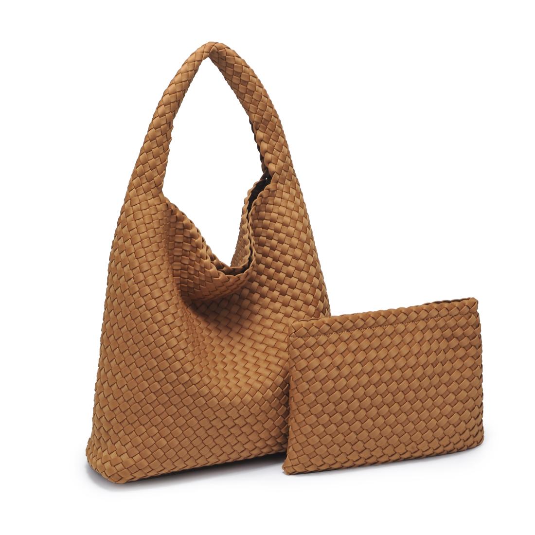 Woman wearing Sand Sol and Selene Celestial Woven Neoprene Hobo 841764112338 View 6 | Sand