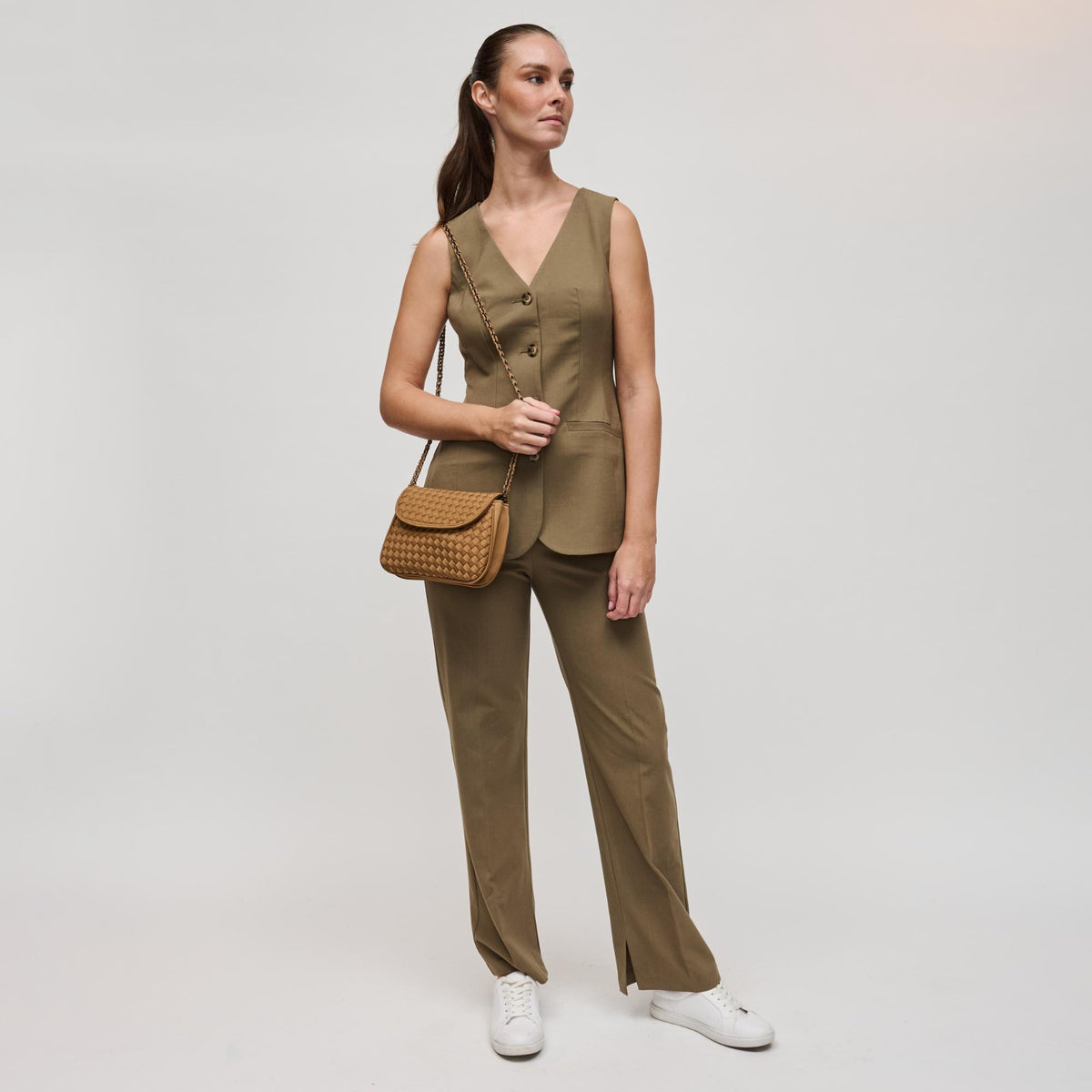 Woman wearing Sand Sol and Selene Astra Shoulder Bag 841764112468 View 3 | Sand