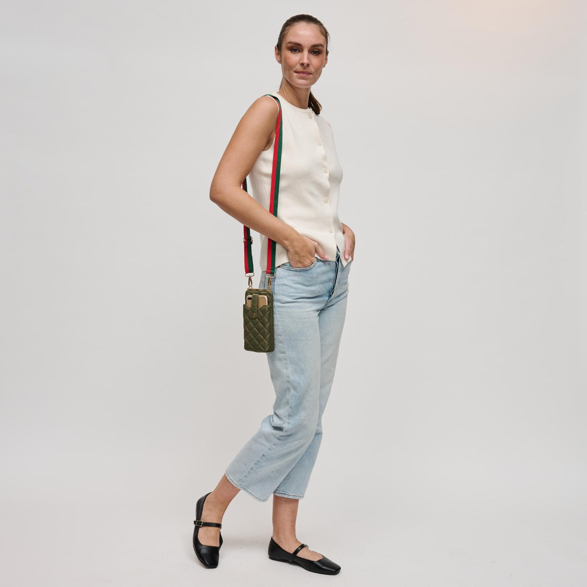Woman wearing Sage Sol and Selene Duality - Quilted Cell Phone Crossbody 841764107792 View 3 | Sage