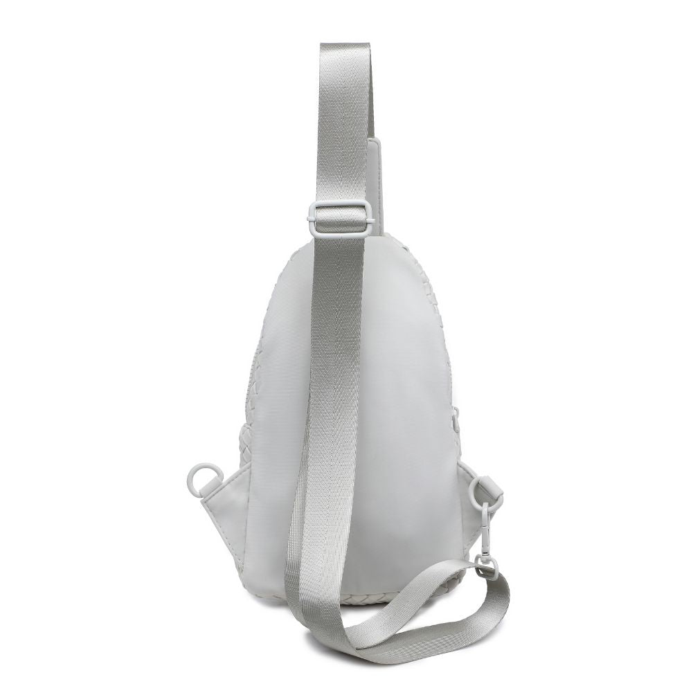 Woman wearing Bone Sol and Selene Beyond The Horizon - Woven Neoprene Sling Backpack 841764109062 View 7 | Bone