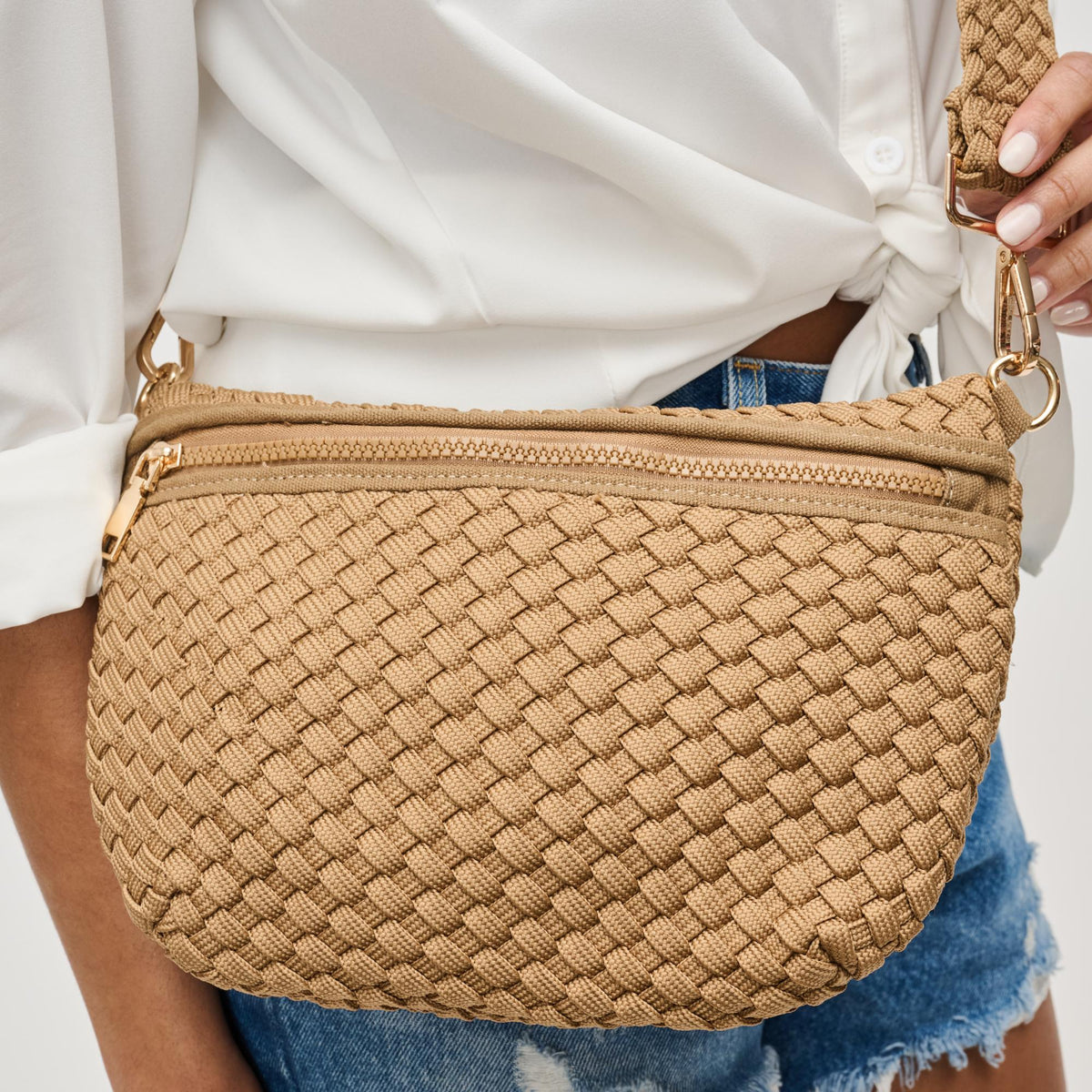 Woman wearing Nude Sol and Selene Ethereal - Woven Laced Up Eco-Edition Crossbody 841764111546 View 1 | Nude