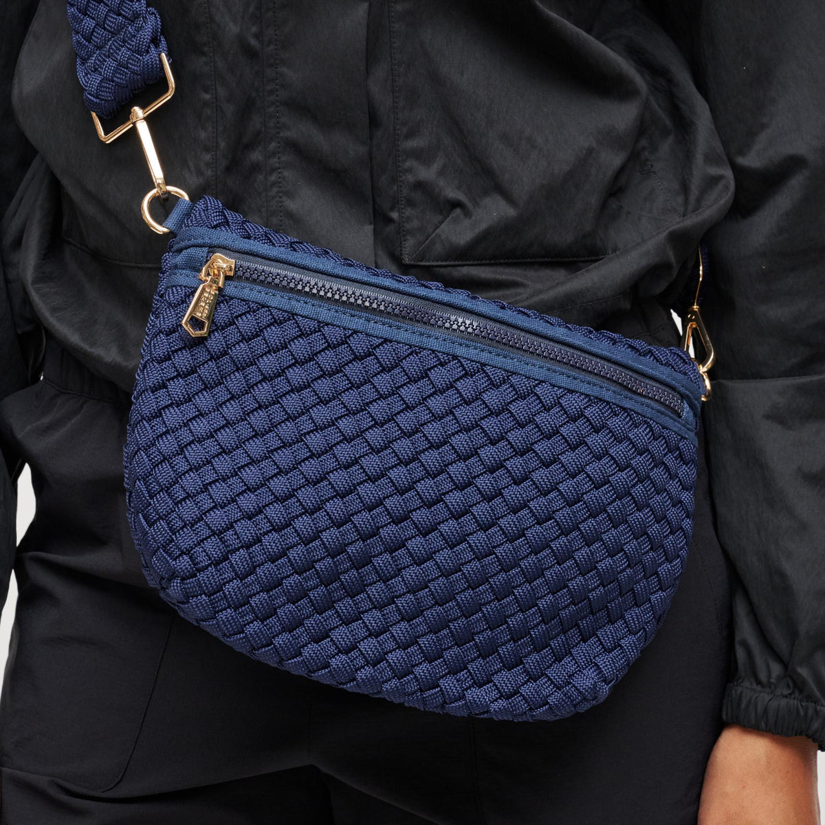 Woman wearing Navy Sol and Selene Ethereal - Woven Laced Up Eco-Edition Crossbody 841764112253 View 4 | Navy