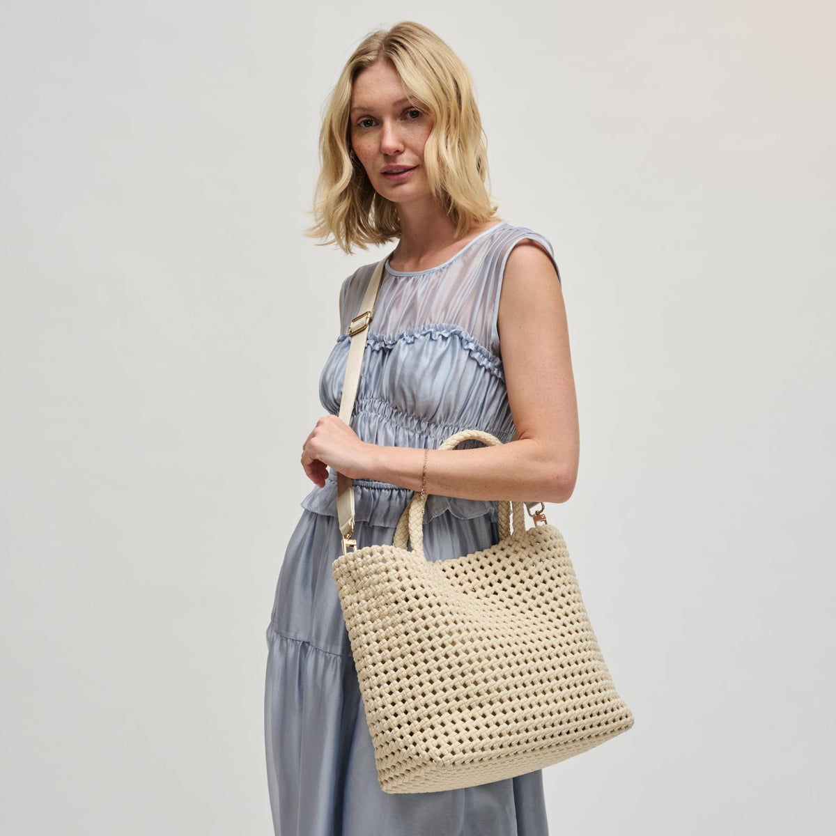 Woman wearing Cream Sol and Selene Ambrosia Medium Tote 841764112758 View 4 | Cream