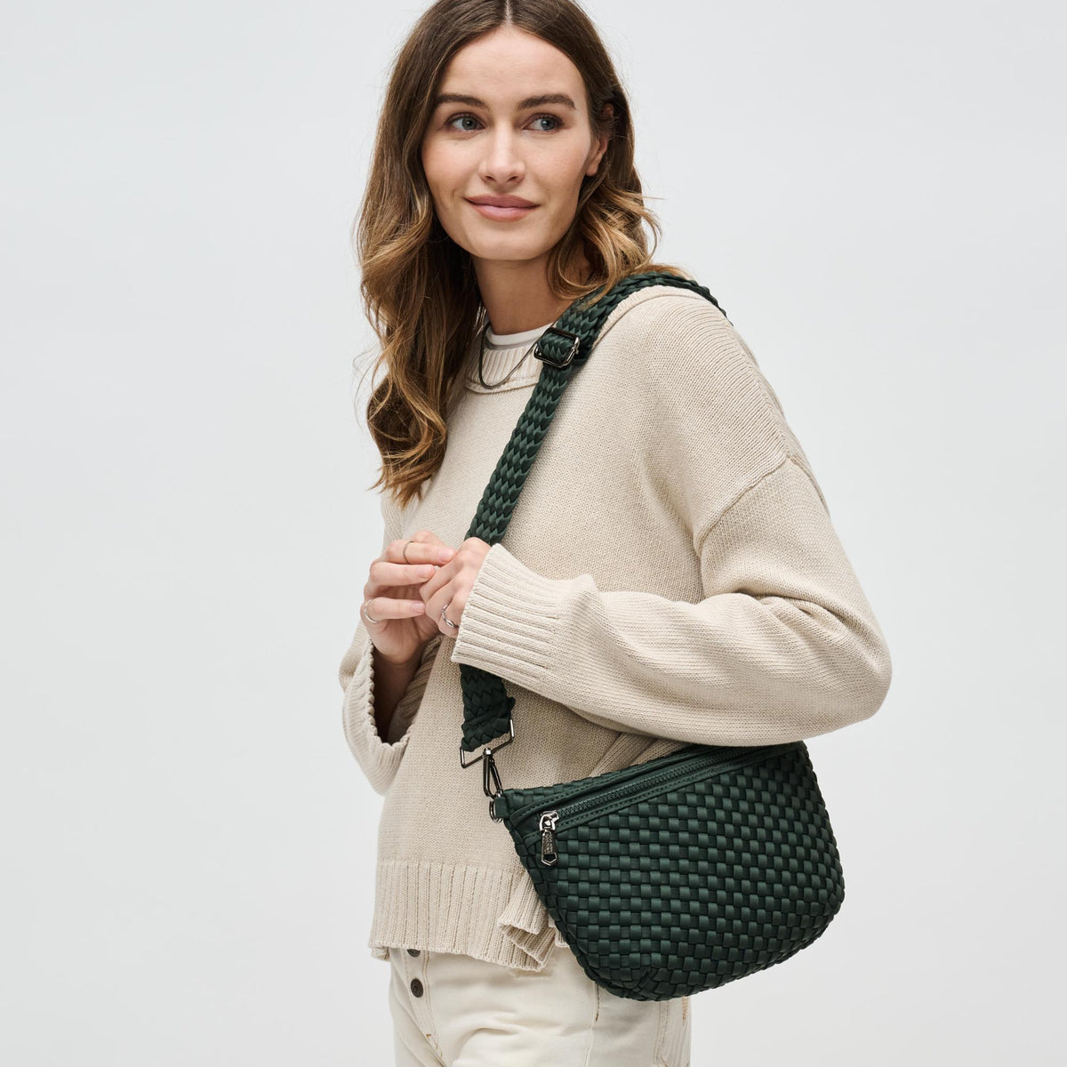 Woman wearing Olive Sol and Selene Ethereal - Woven Neoprene Crossbody 841764110891 View 1 | Olive