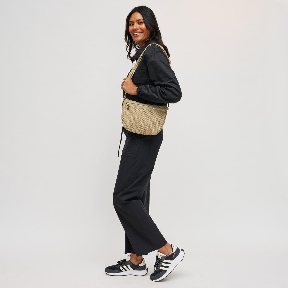 Woman wearing Sage Sol and Selene Ethereal - Woven Laced Up Eco-Edition Crossbody 841764112260 View 3 | Sage