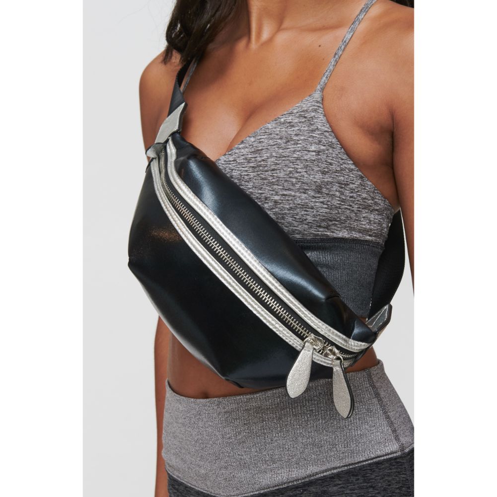 Woman wearing Black Metallic Sol and Selene Side Kick - Neoprene Belt Bag 841764104326 View 1 | Black Metallic