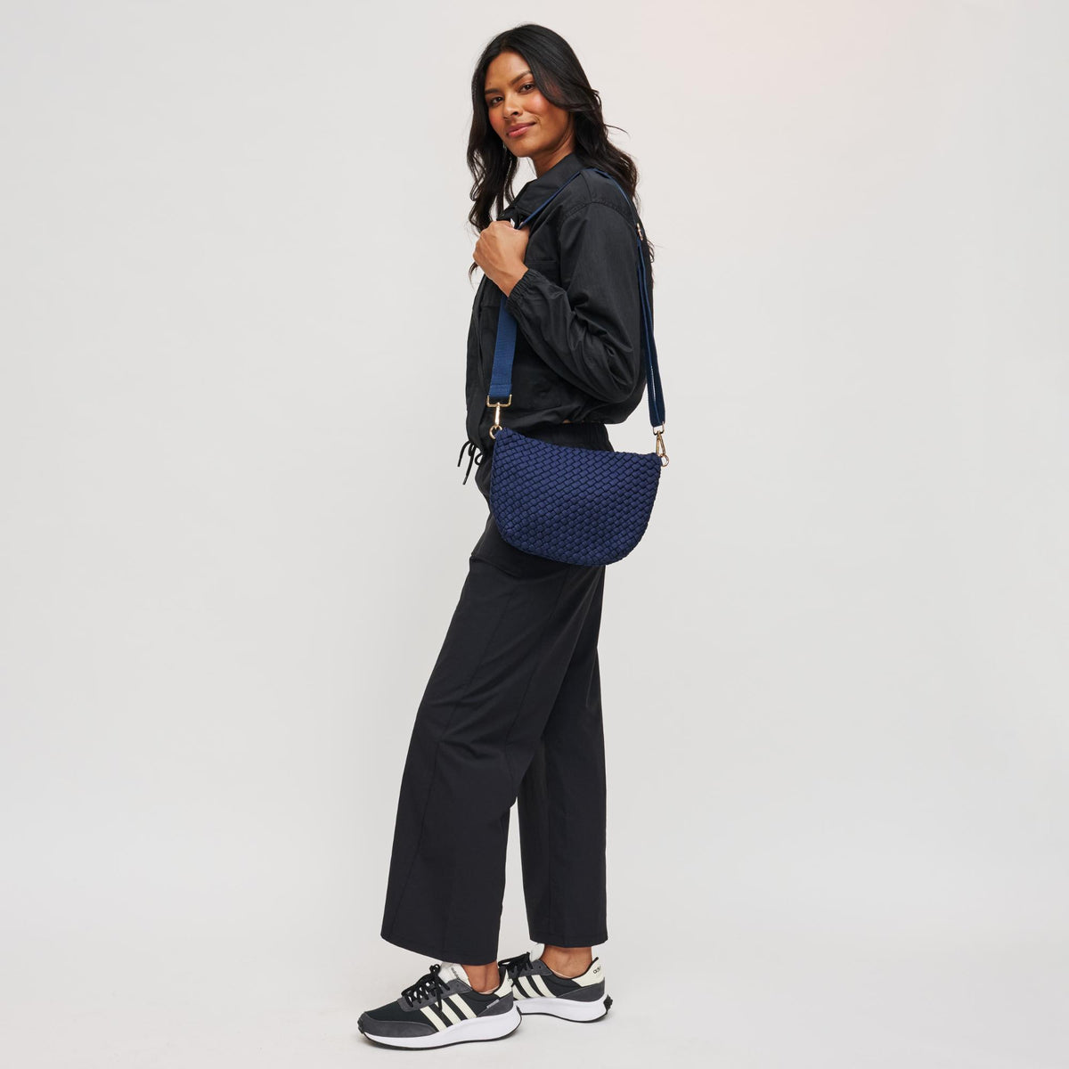 Woman wearing Navy Sol and Selene Ethereal - Woven Laced Up Eco-Edition Crossbody 841764112253 View 3 | Navy