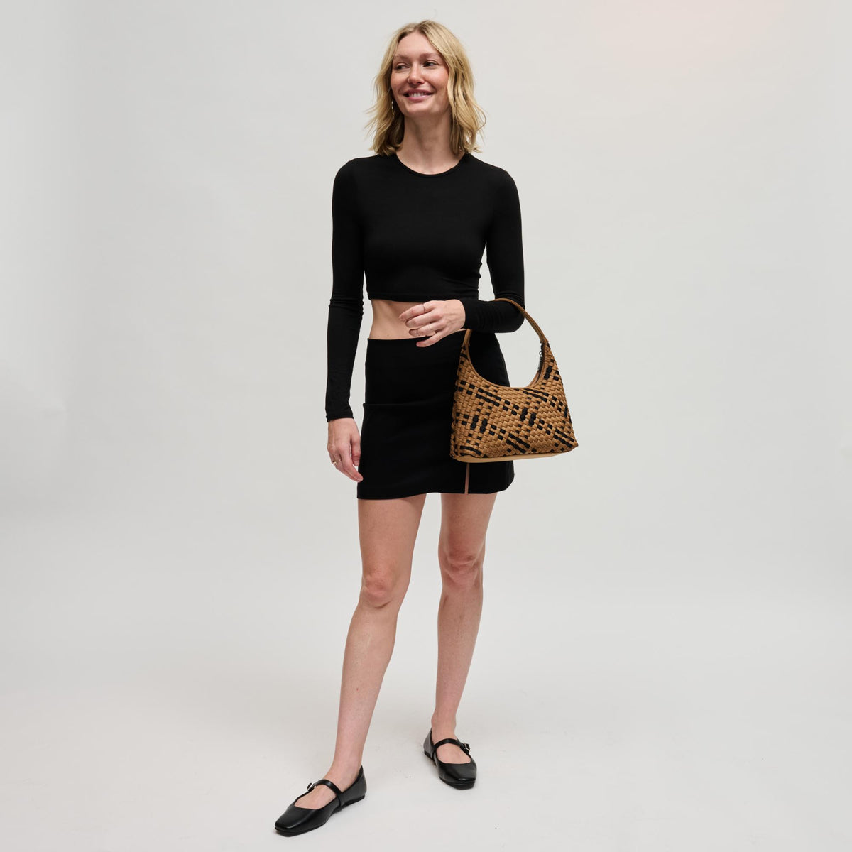 Woman wearing Sand Black Sol and Selene Harmonia - Woven Neoprene Shoulder Bag 841764112581 View 4 | Sand Black