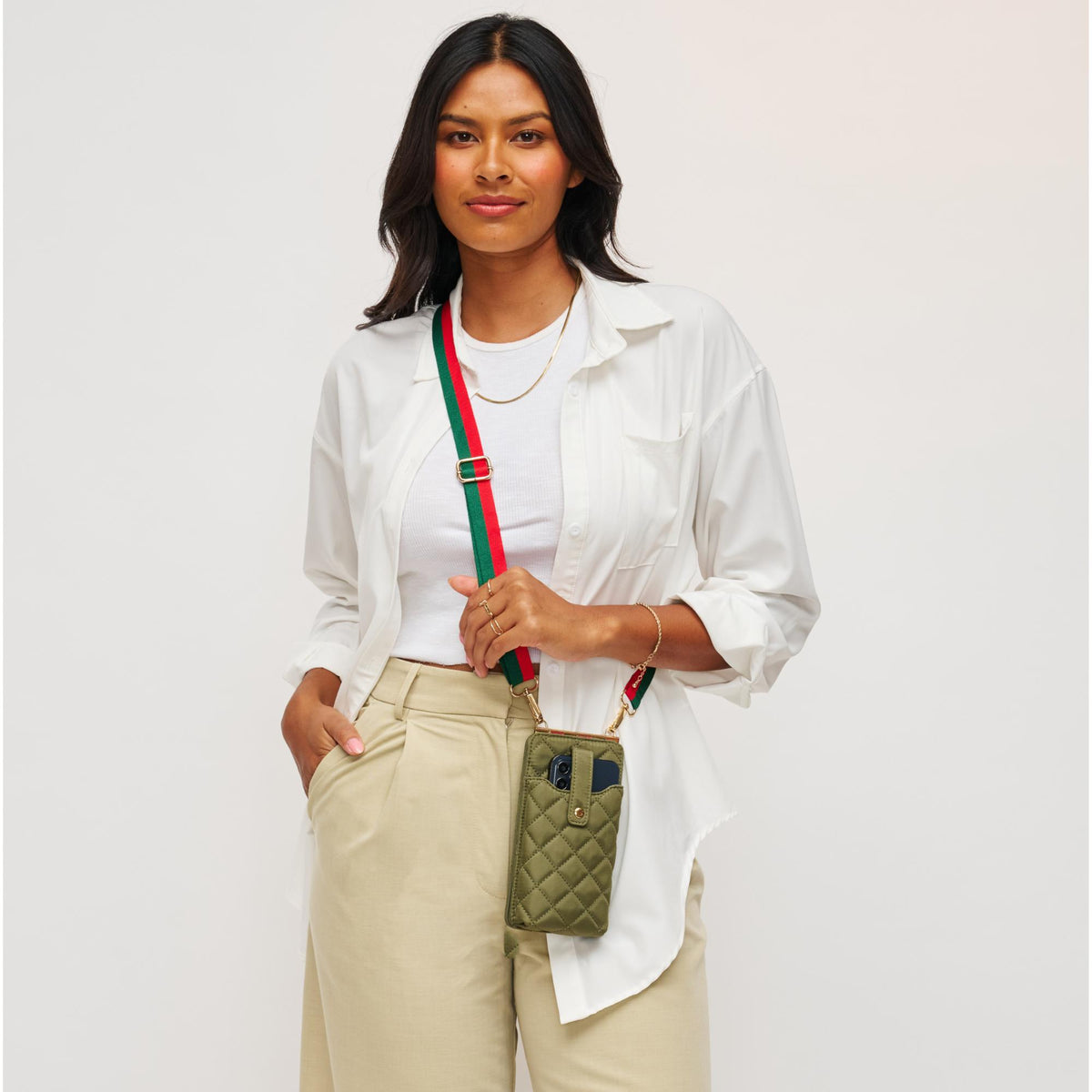 Woman wearing Sage Sol and Selene Duality - Quilted Cell Phone Crossbody 841764107792 View 2 | Sage