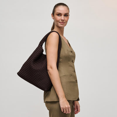 Woman wearing Chocolate Sol and Selene Celestial Woven Neoprene Hobo 841764112314 View 1 | Chocolate
