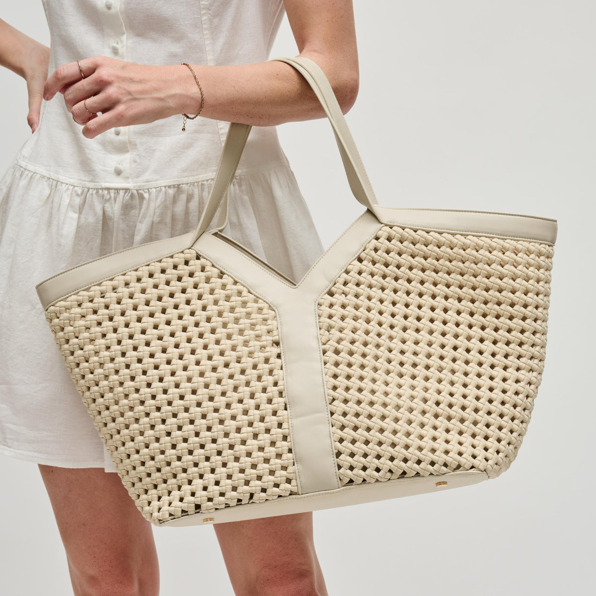 Woman wearing Cream Sol and Selene Calypso Tote 841764112932 View 2 | Cream