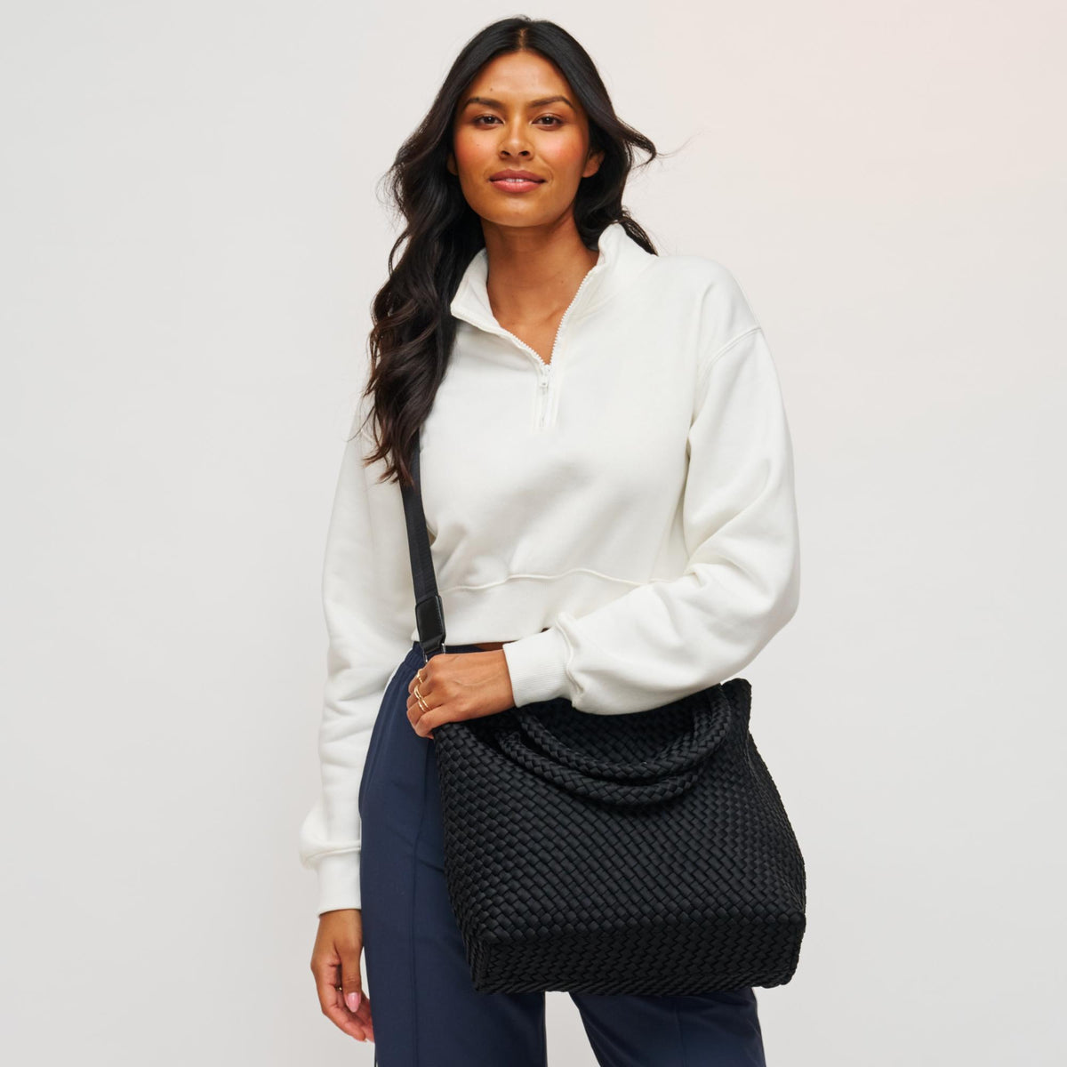 Woman wearing Black Sol and Selene Sky's The Limit - Medium Tote 841764107778 View 3 | Black