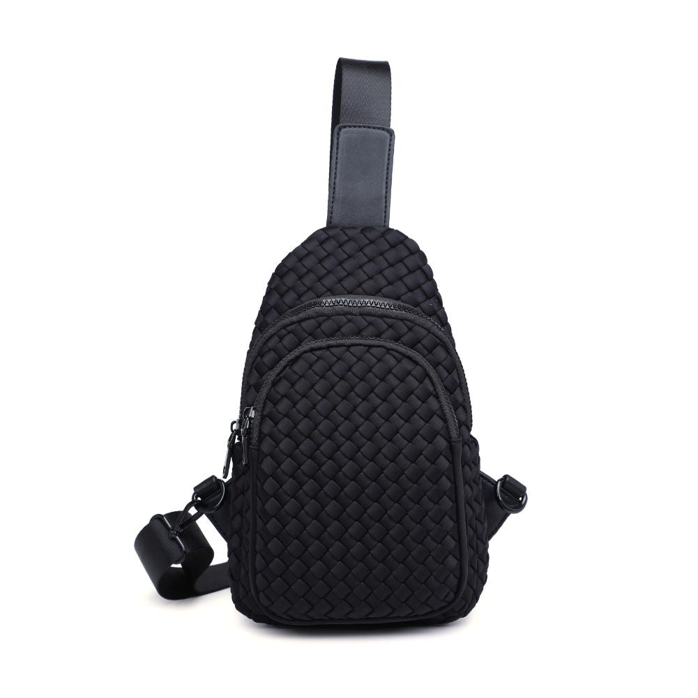 Woman wearing Black Sol and Selene Beyond The Horizon - Woven Neoprene Sling Backpack 841764108034 View 5 | Black