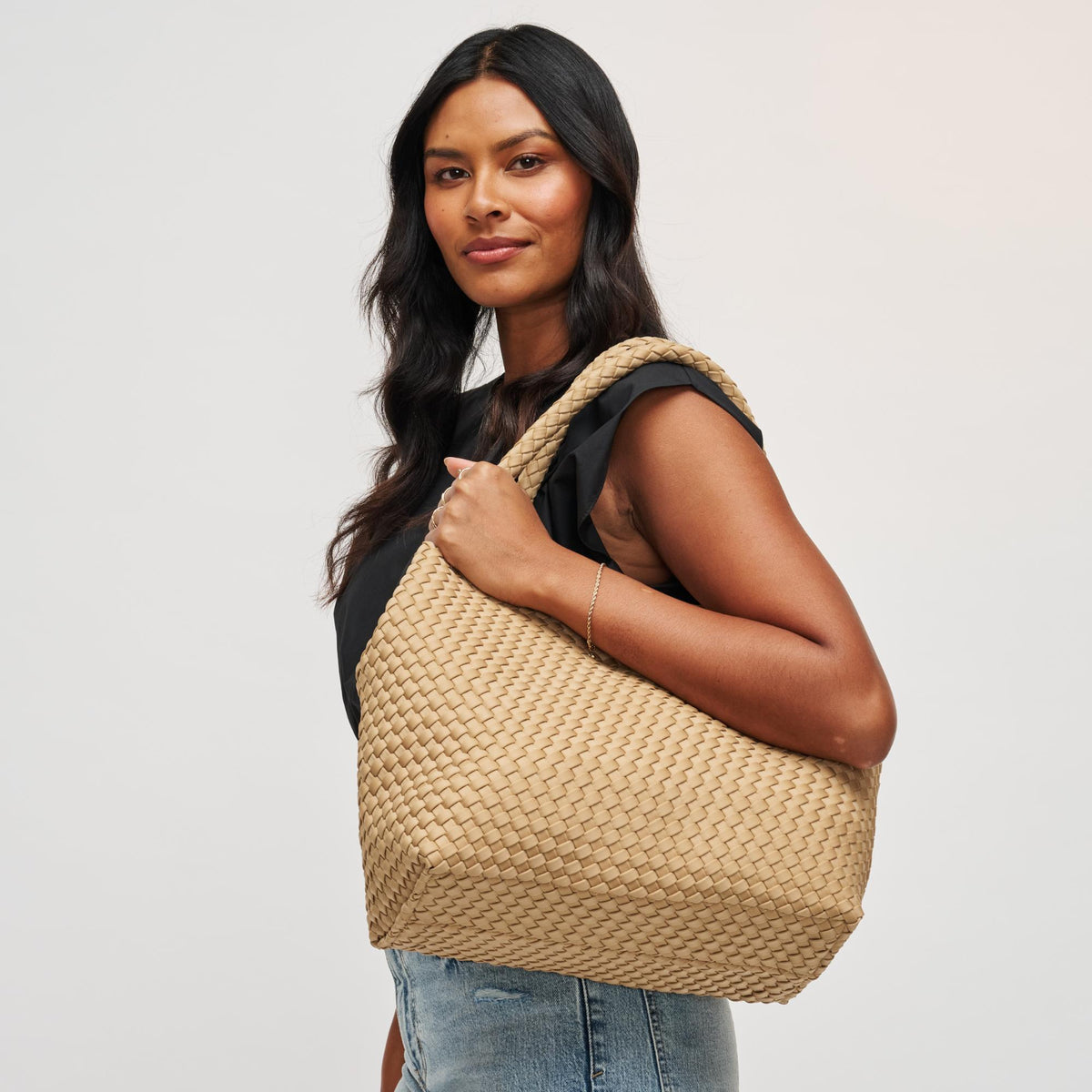 Woman wearing Nude Sol and Selene Sky's The Limit - Medium Tote 841764107785 View 3 | Nude