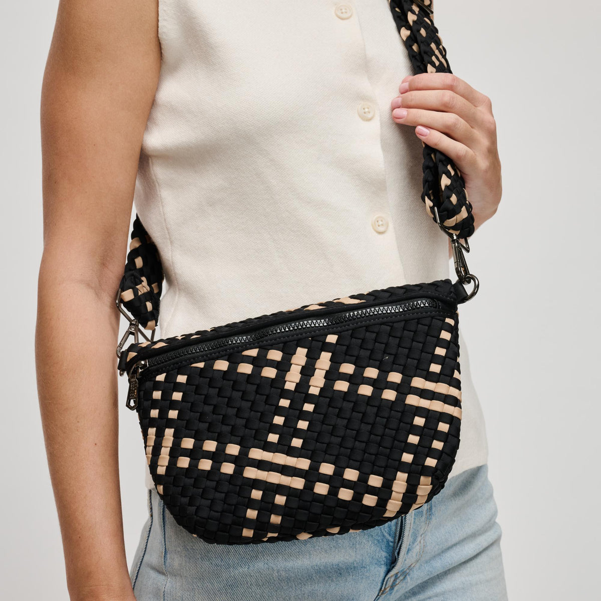Woman wearing Black Nude Sol and Selene Ethereal - Woven Neoprene Crossbody 841764111768 View 1 | Black Nude