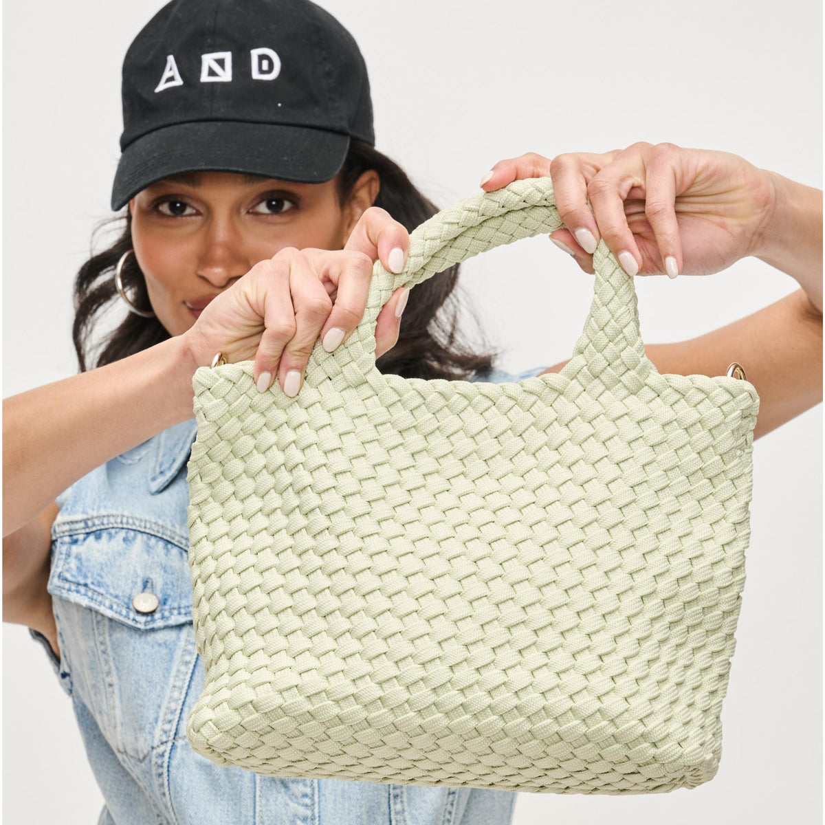 Woman wearing Pistachio Sol and Selene Sky's The Limit - Small Laced Up Eco-Edition Crossbody 841764111744 View 4 | Pistachio