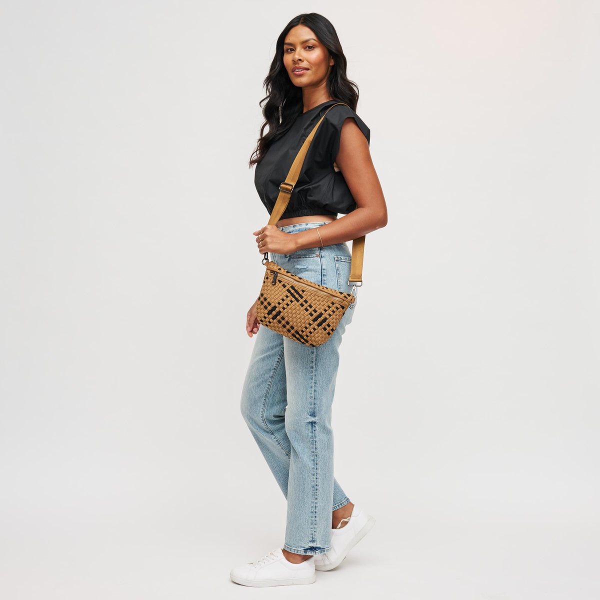 Woman wearing Sand Black Sol and Selene Ethereal - Woven Neoprene Crossbody 841764111966 View 3 | Sand Black