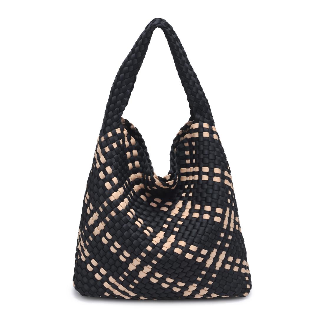Woman wearing Black Nude Sol and Selene Celestial Woven Neoprene Hobo 841764112307 View 5 | Black Nude