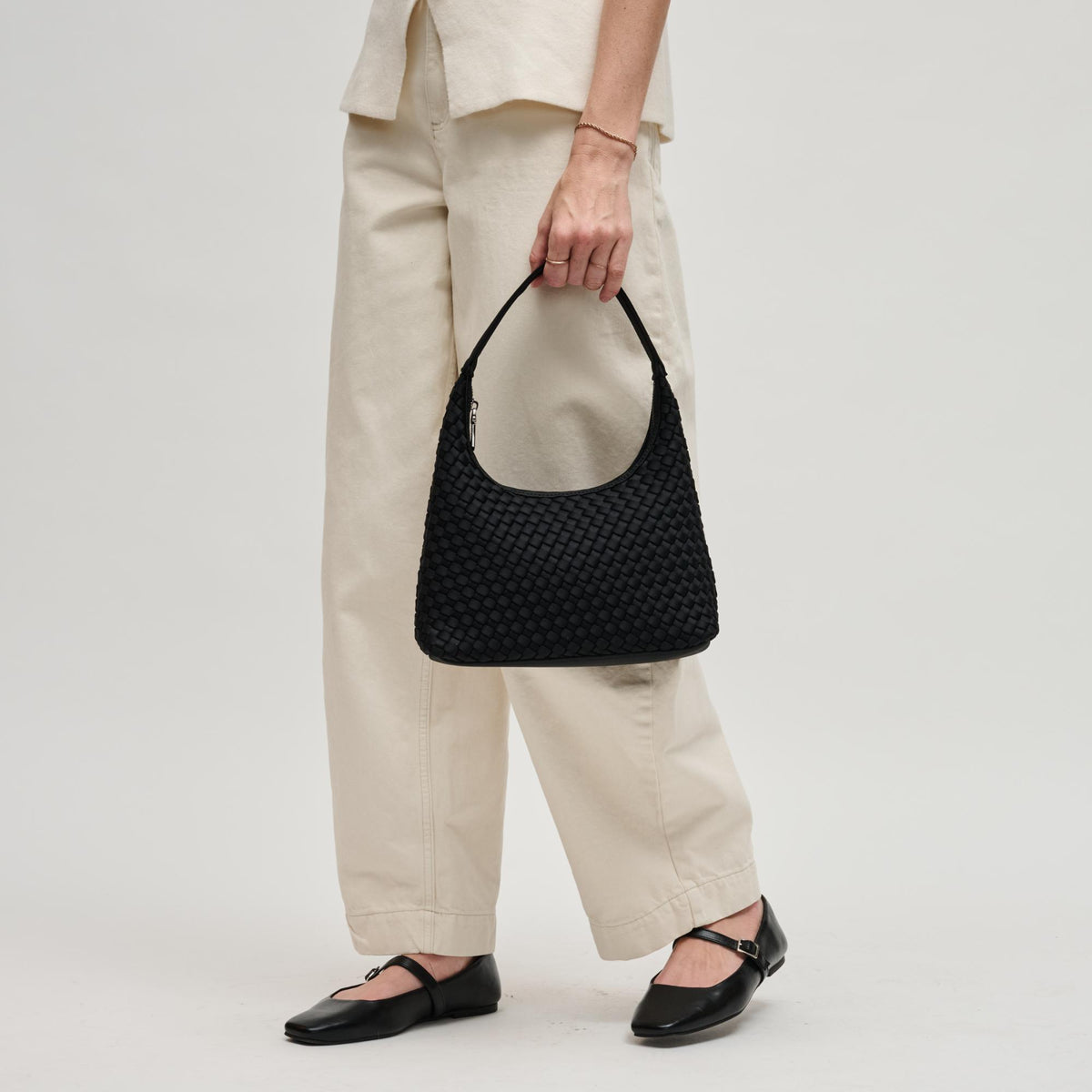 Woman wearing Black Sol and Selene Harmonia - Woven Neoprene Shoulder Bag 841764112499 View 3 | Black