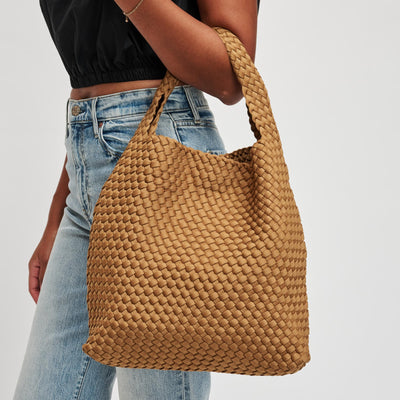 Woman wearing Sand Sol and Selene Celestial Woven Neoprene Hobo 841764112338 View 1 | Sand