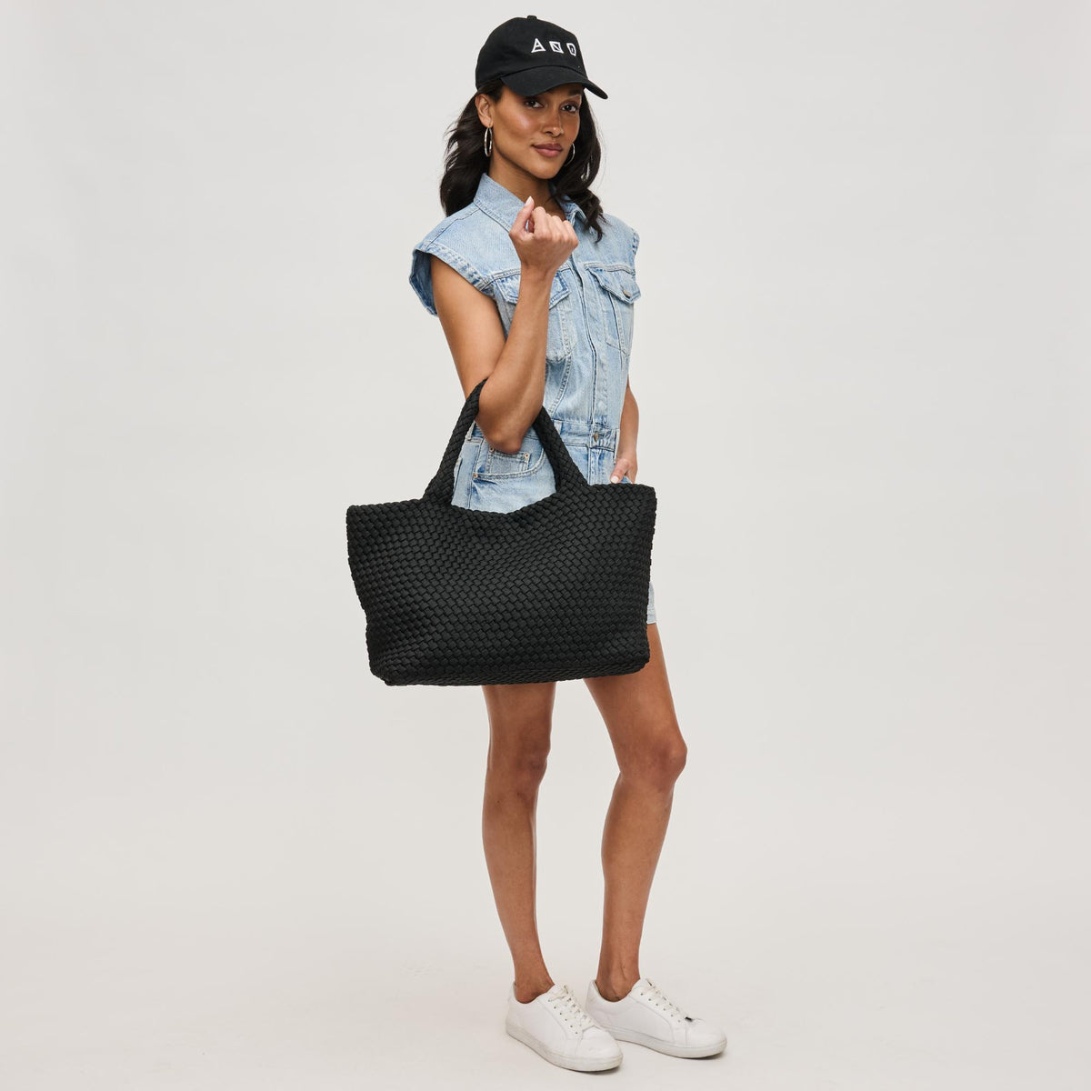 Woman wearing Black Sol and Selene Sky's The Limit - Large Laced Up Eco-Edition Tote 841764111553 View 3 | Black