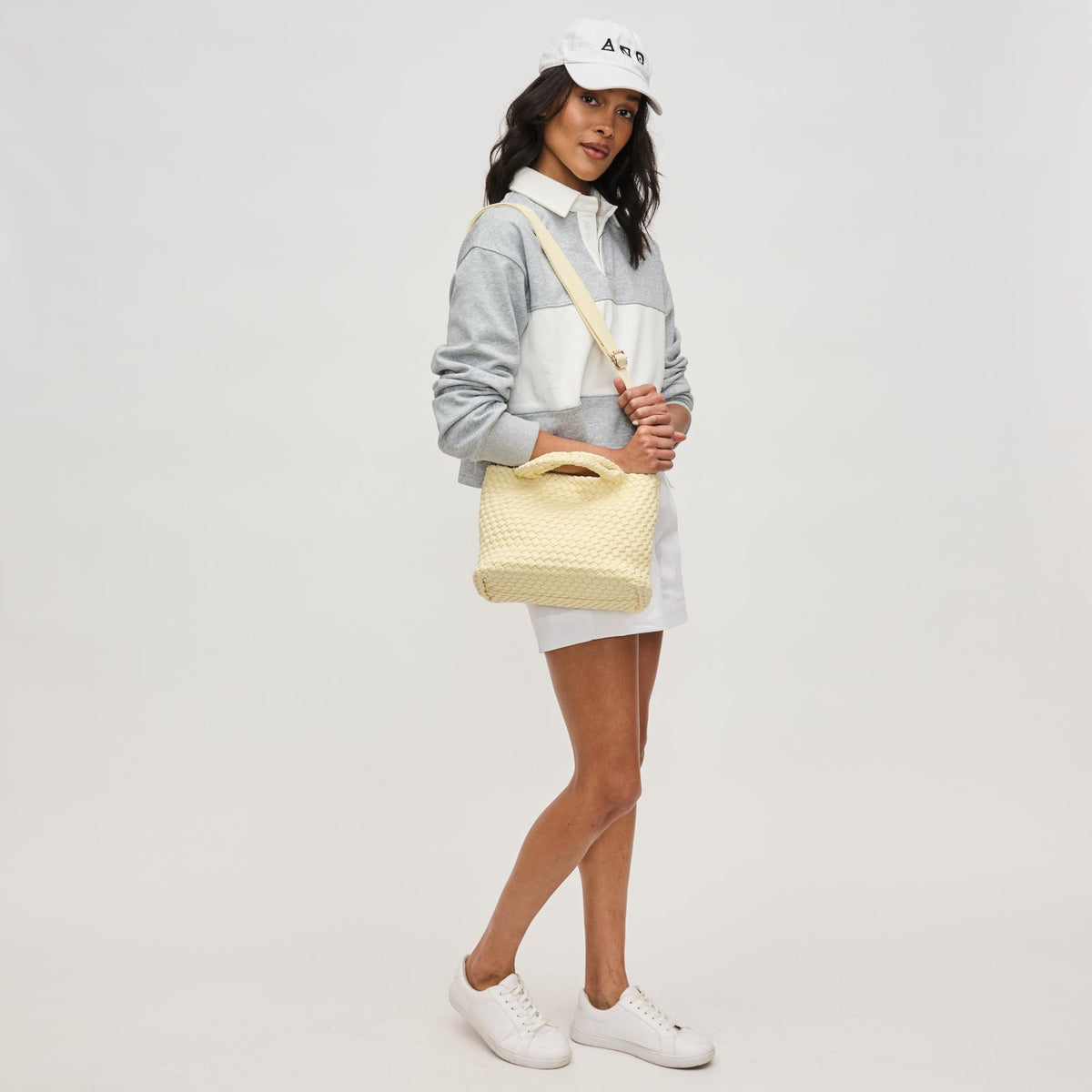 Woman wearing Butter Sol and Selene Sky's The Limit - Small Laced Up Eco-Edition Crossbody 841764111706 View 4 | Butter