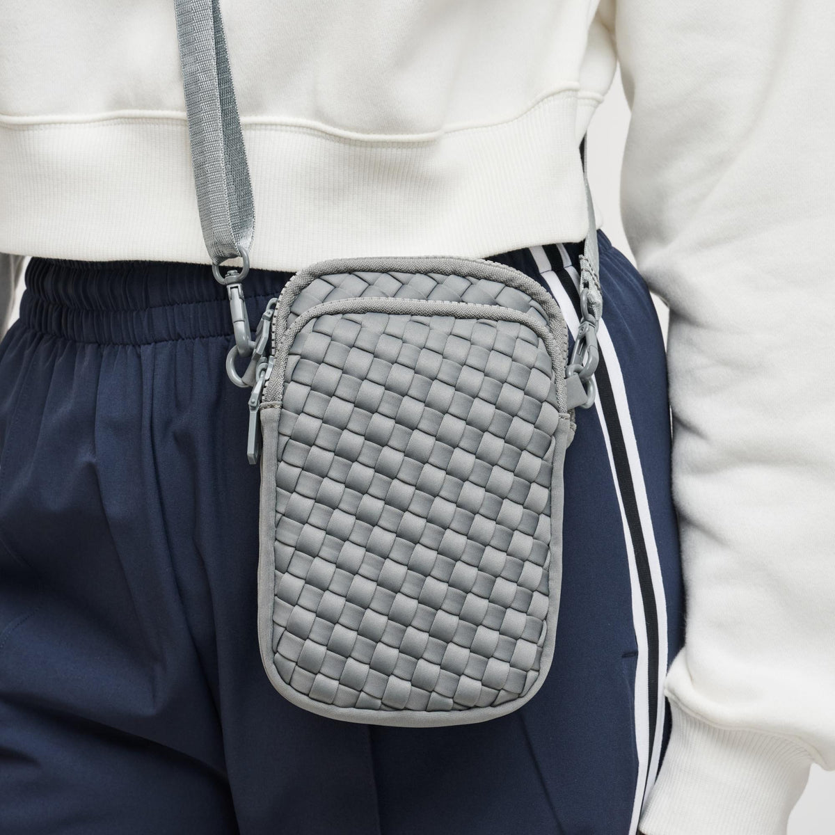 Woman wearing Grey Sol and Selene Divide & Conquer - Woven Neoprene Crossbody 841764108737 View 4 | Grey