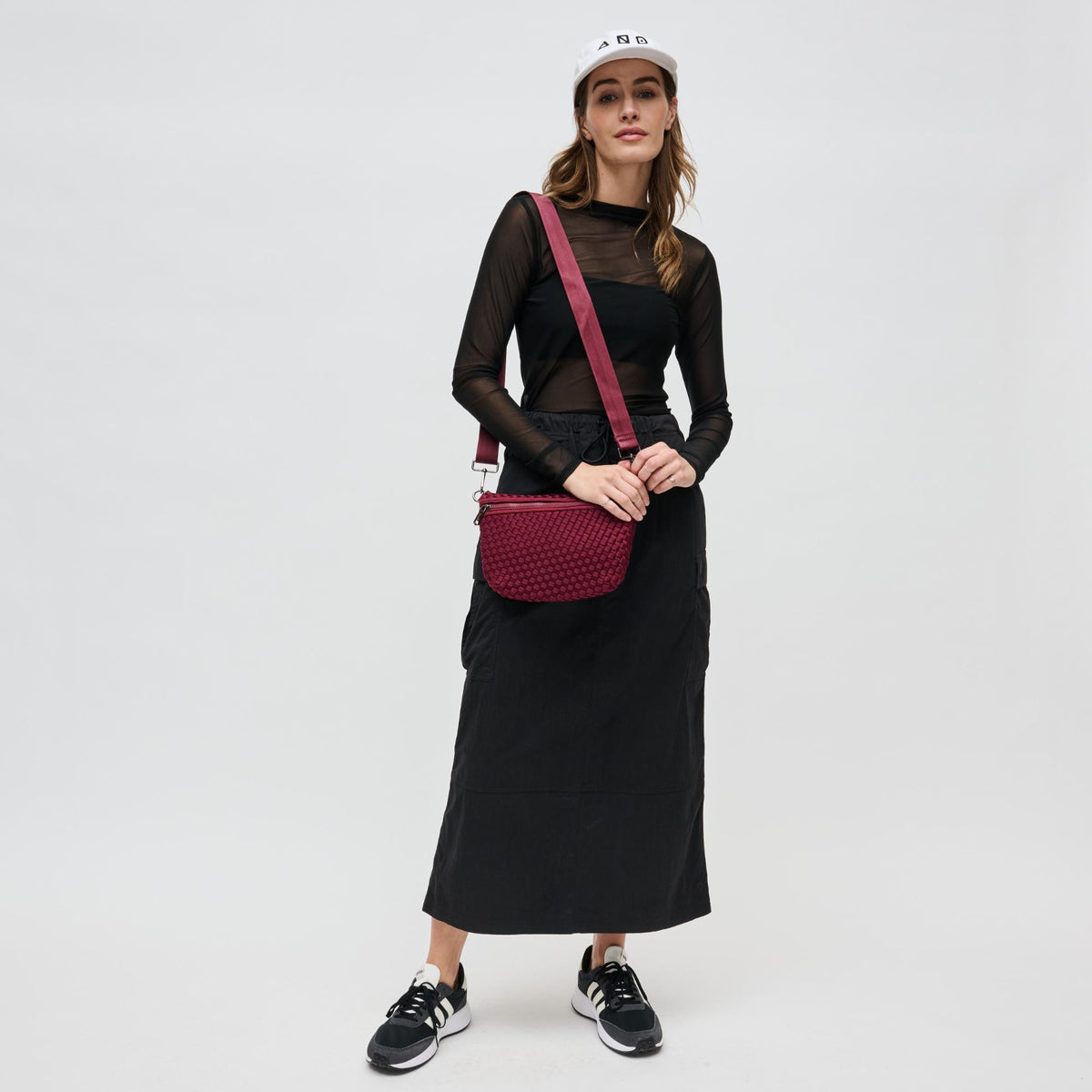 Woman wearing Wine Sol and Selene Ethereal - Woven Neoprene Crossbody 841764110907 View 2 | Wine