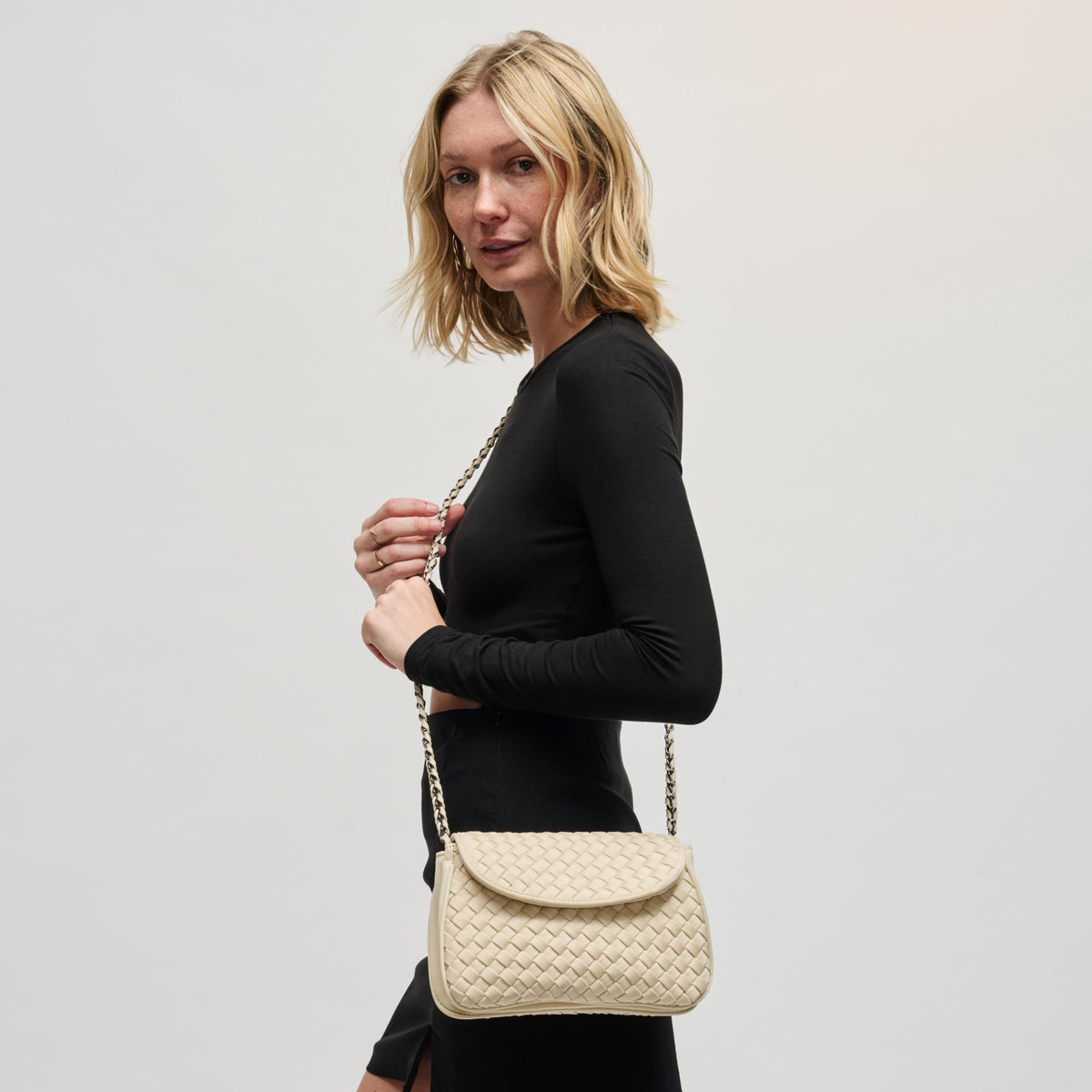 Woman wearing Cream Sol and Selene Astra Shoulder Bag 841764112444 View 3 | Cream