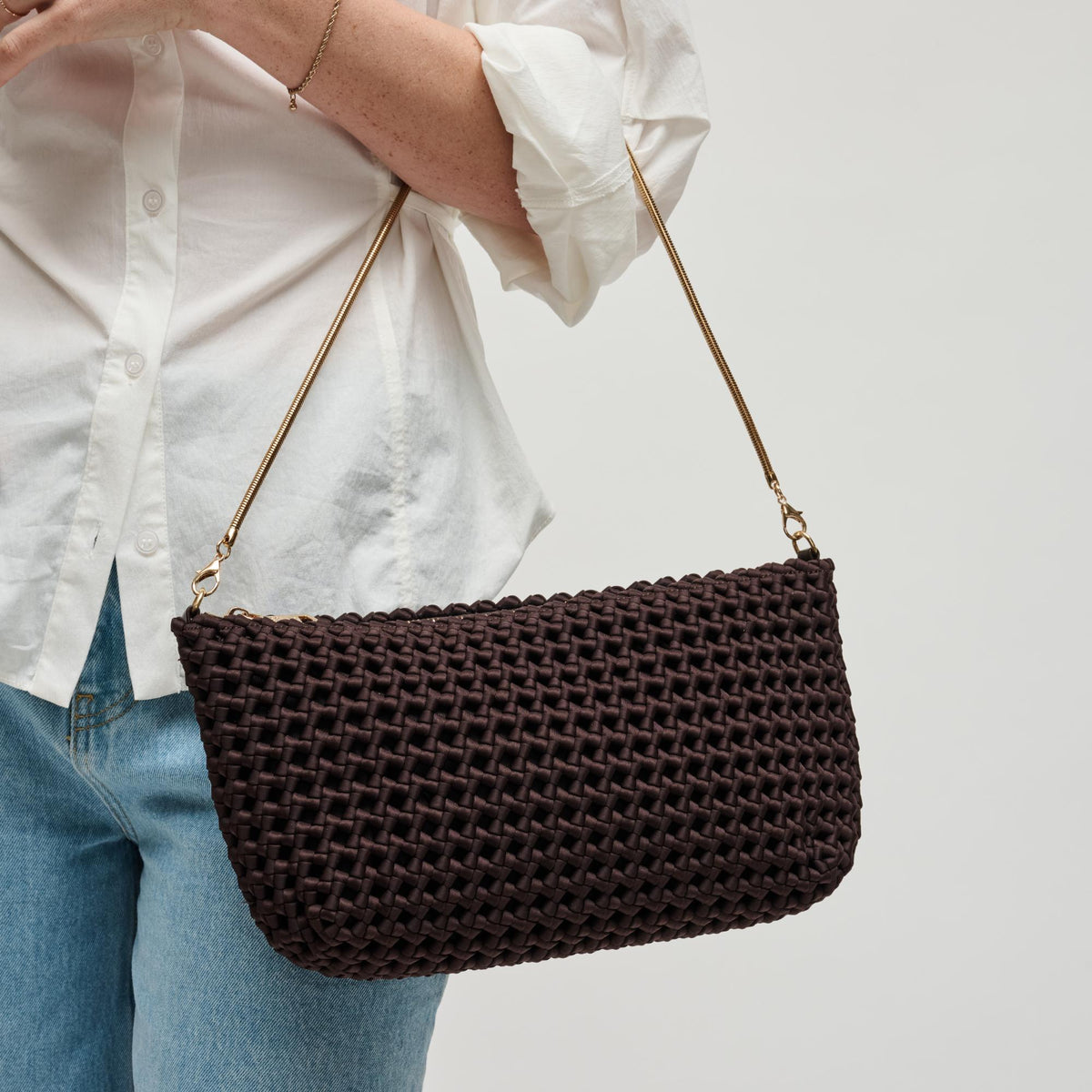 Woman wearing Chocolate Sol and Selene Eclipse Shoulder Bag 841764112871 View 3 | Chocolate