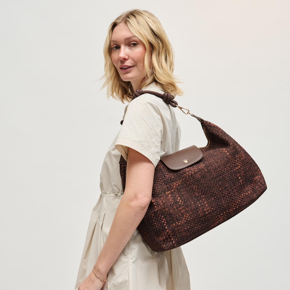 Woman wearing Chocolate Sol and Selene Aurora Shoulder Bag 841764112604 View 3 | Chocolate
