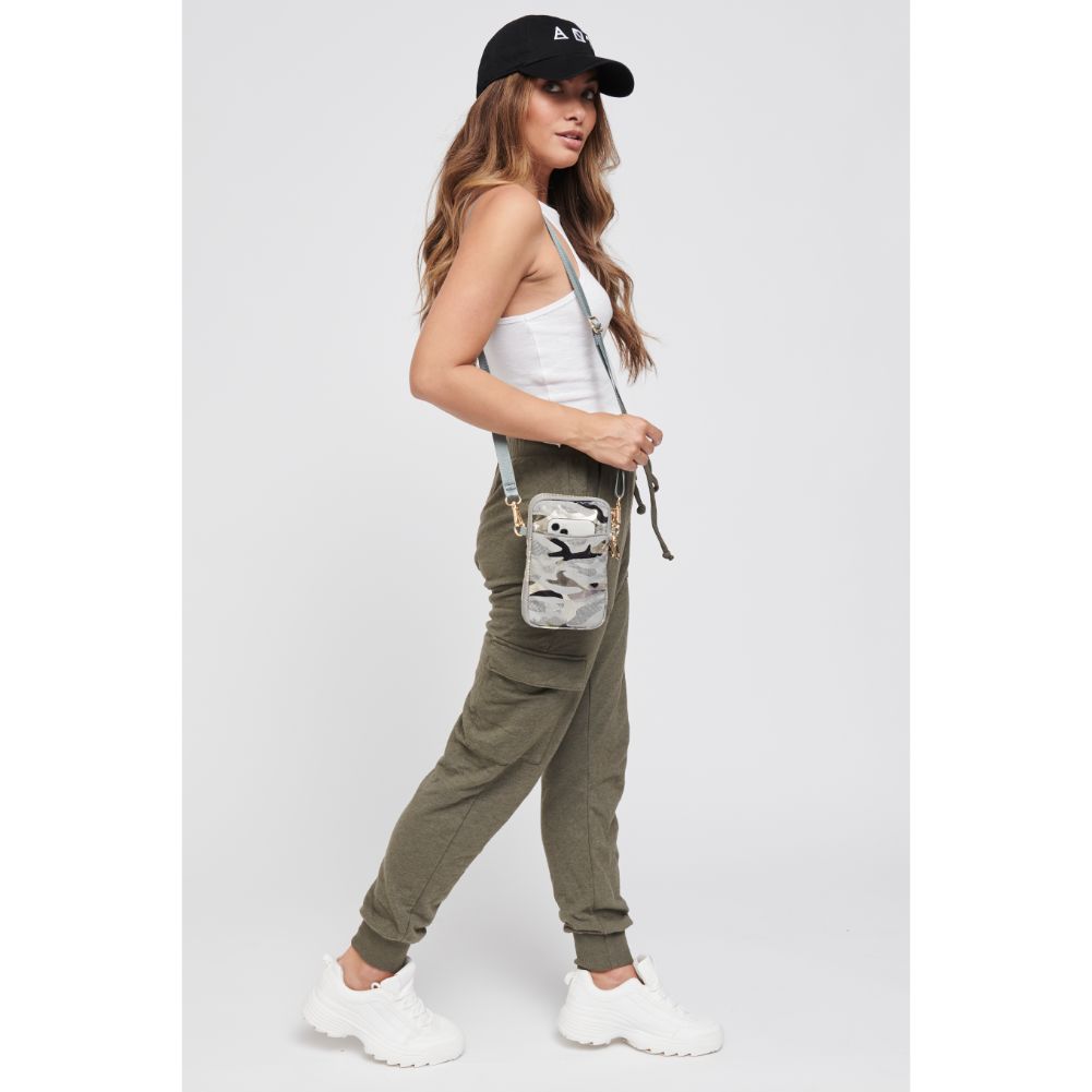 Woman wearing Seafoam Metallic Camo Sol and Selene Divide & Conquer Crossbody 841764105439 View 3 | Seafoam Metallic Camo