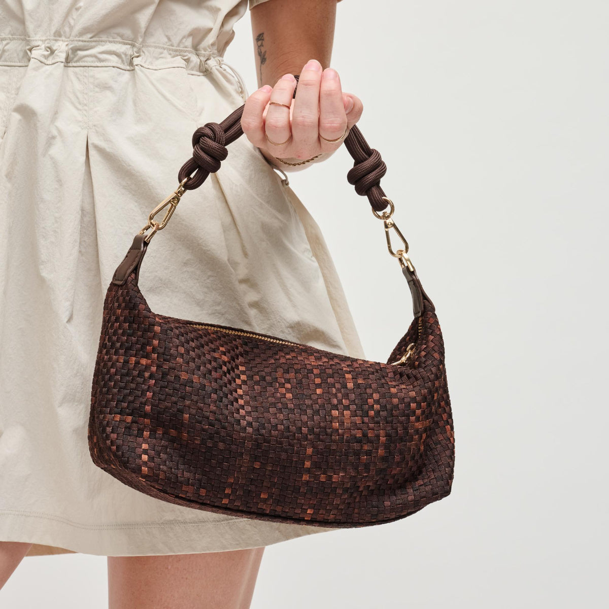Woman wearing Chocolate Sol and Selene Amara Shoulder Bag 841764112635 View 2 | Chocolate