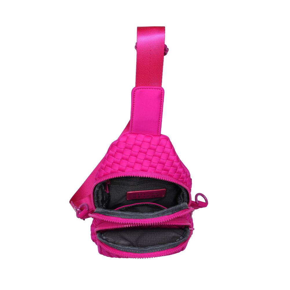 Woman wearing Fuchsia Sol and Selene Beyond The Horizon - Woven Neoprene Sling Backpack 841764108058 View 9 | Fuchsia