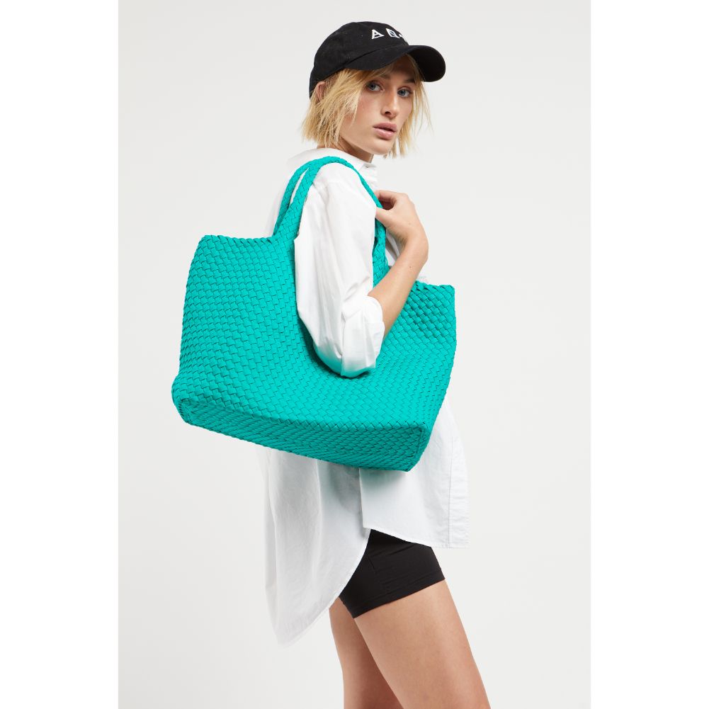 Woman wearing Emerald Sol and Selene Sky's The Limit - Large Tote 841764107853 View 1 | Emerald