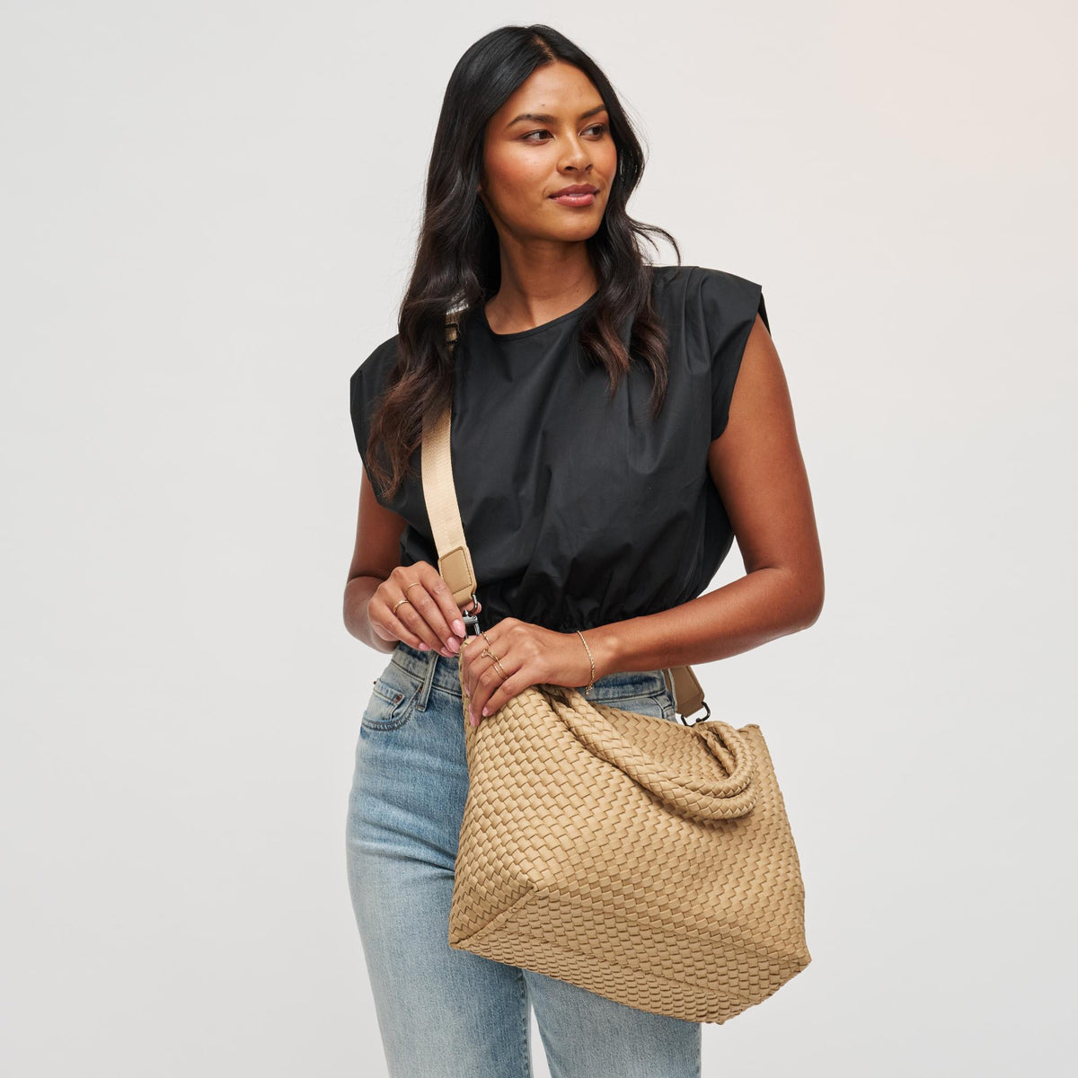 Woman wearing Nude Sol and Selene Sky's The Limit - Medium Tote 841764107785 View 1 | Nude