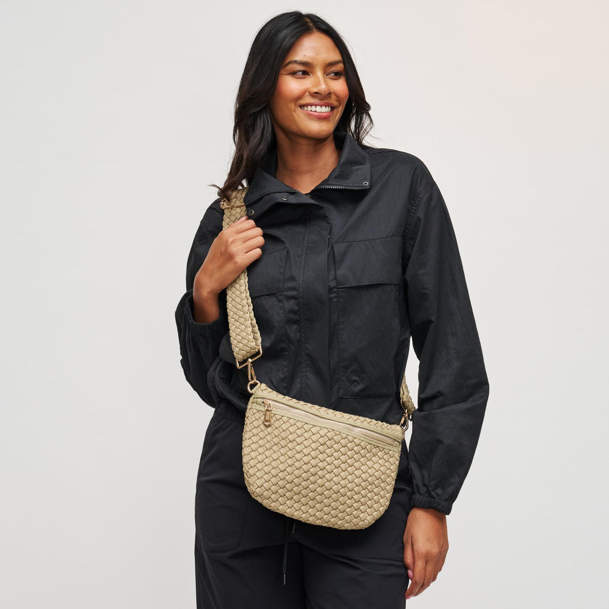 Woman wearing Sage Sol and Selene Ethereal - Woven Laced Up Eco-Edition Crossbody 841764112260 View 1 | Sage