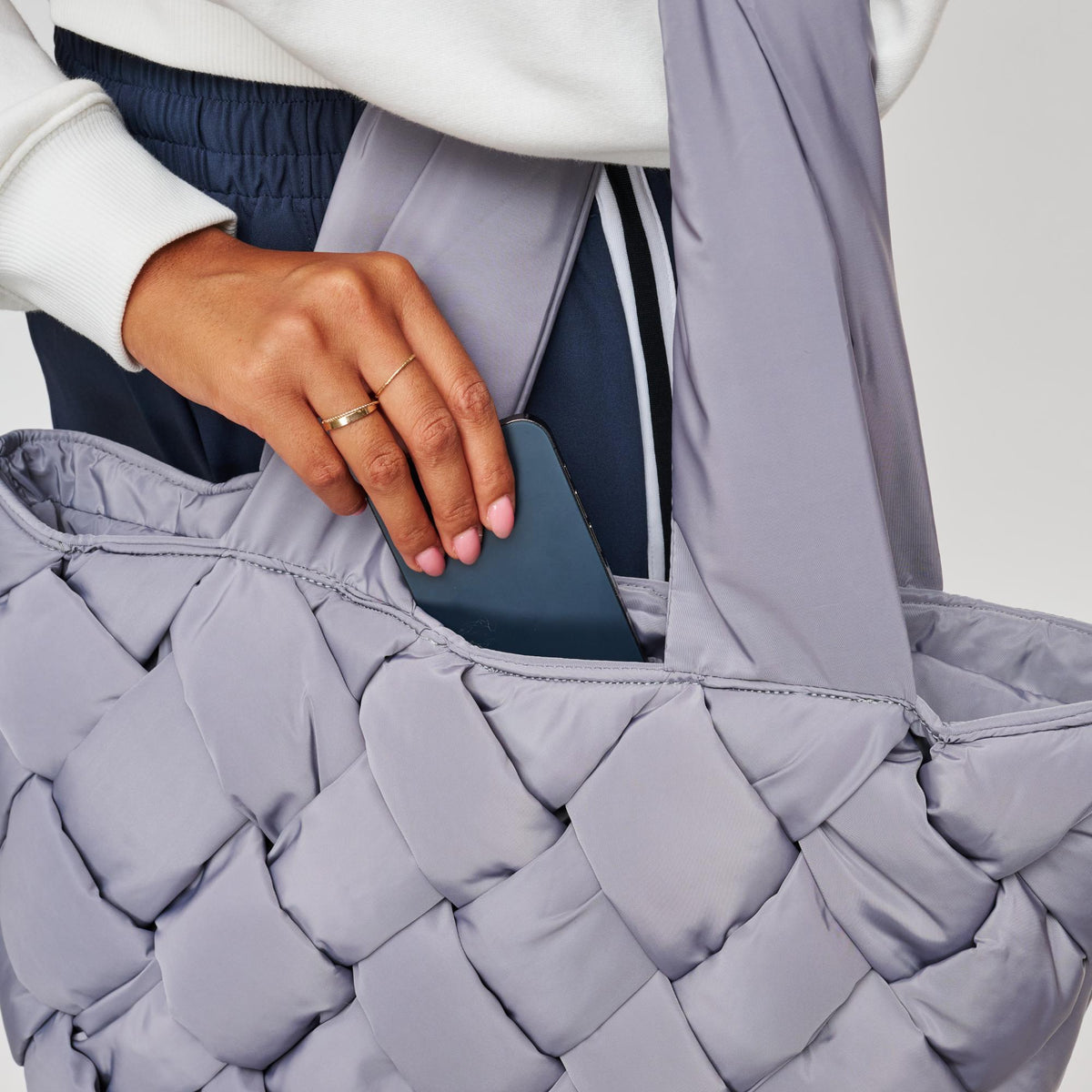 Woman wearing Carbon Sol and Selene Intuition East West Tote 841764107334 View 4 | Carbon