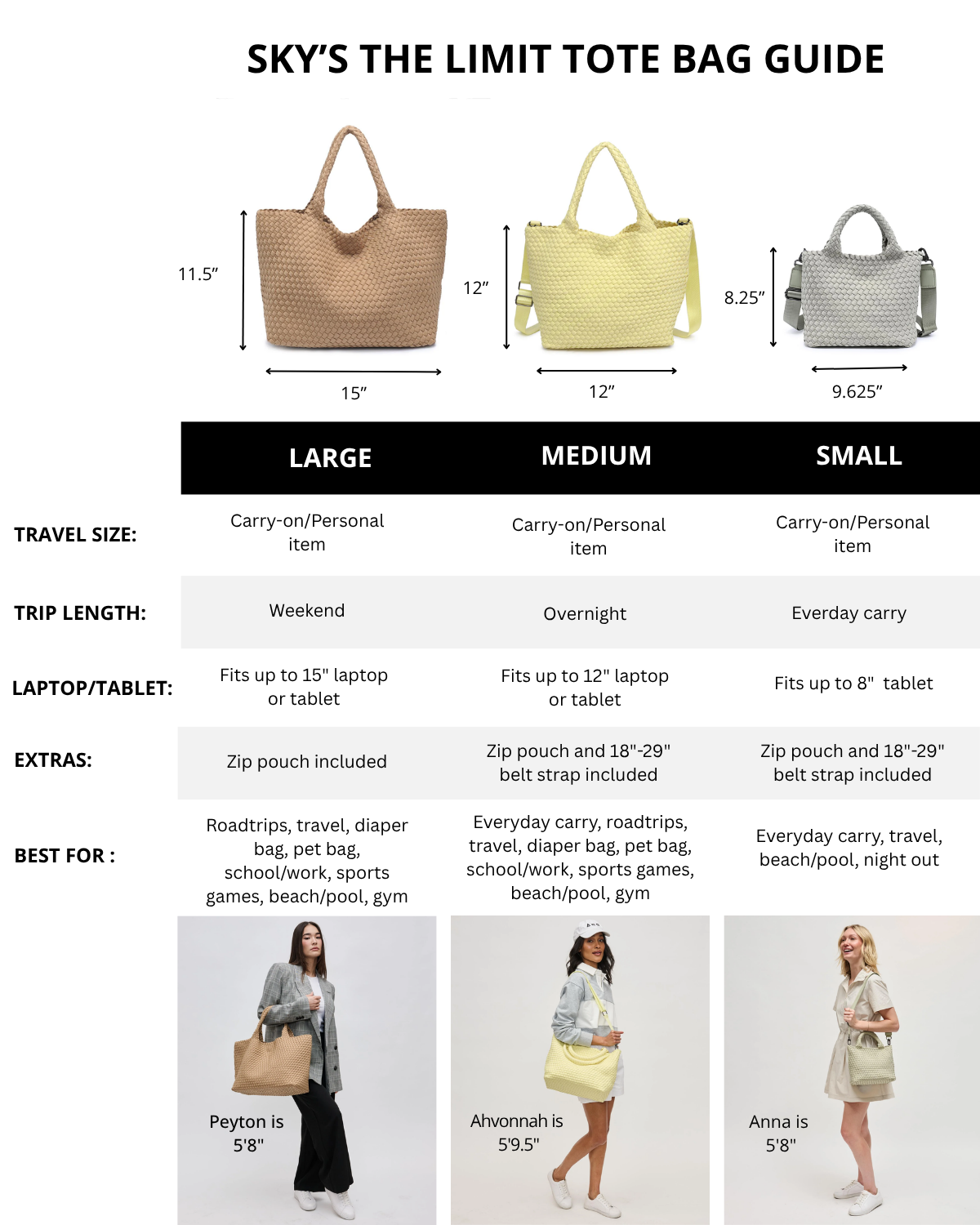 Sky's the Limit tote bag guide with product images and dimensions.