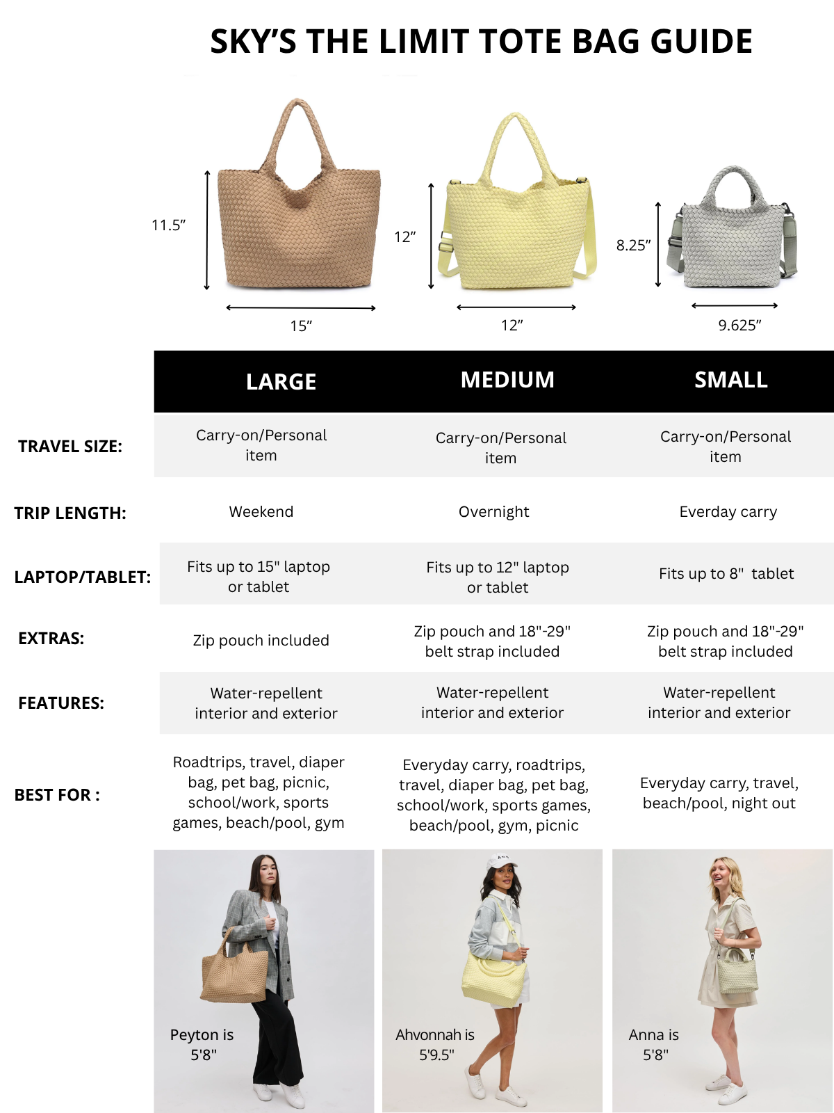 Sky's The Limit tote bag guide with dimensions, features, and usage scenarios.