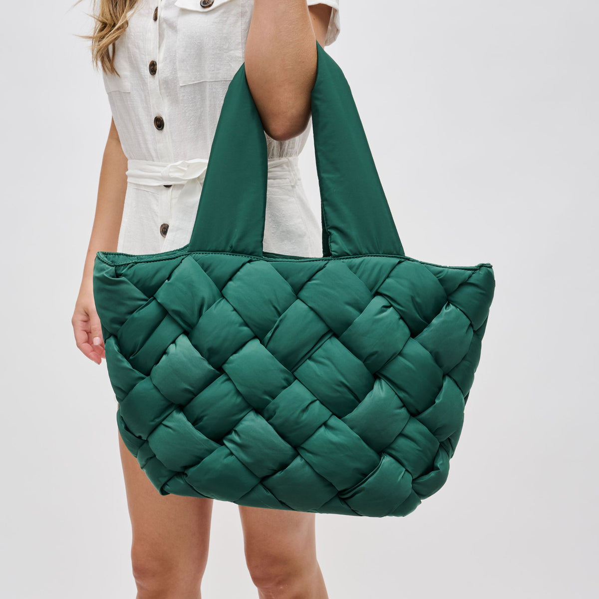 Woman wearing Emerald Sol and Selene Intuition East West Tote 841764107563 View 4 | Emerald