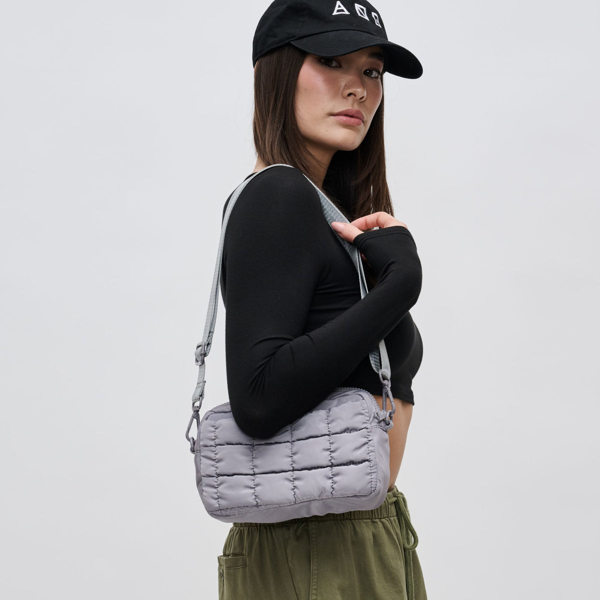 Woman wearing Grey Sol and Selene Inspiration - Quilted Nylon Crossbody 841764109437 View 2 | Grey