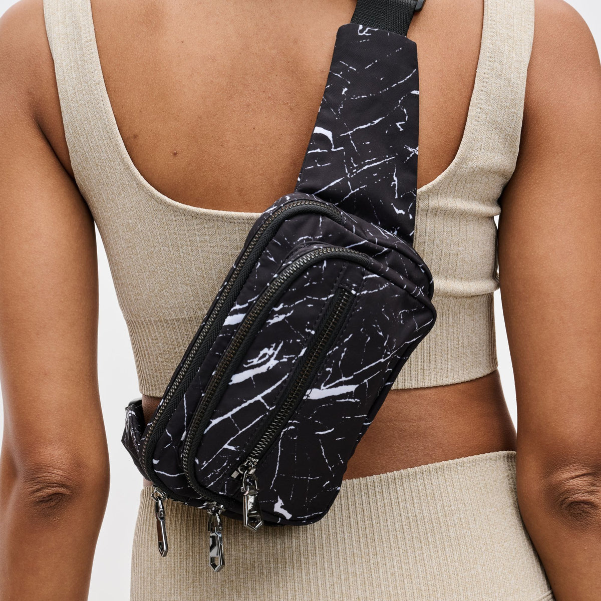 Woman wearing Black Marble Sol and Selene Hip Hugger Belt Bag 841764105804 View 4 | Black Marble
