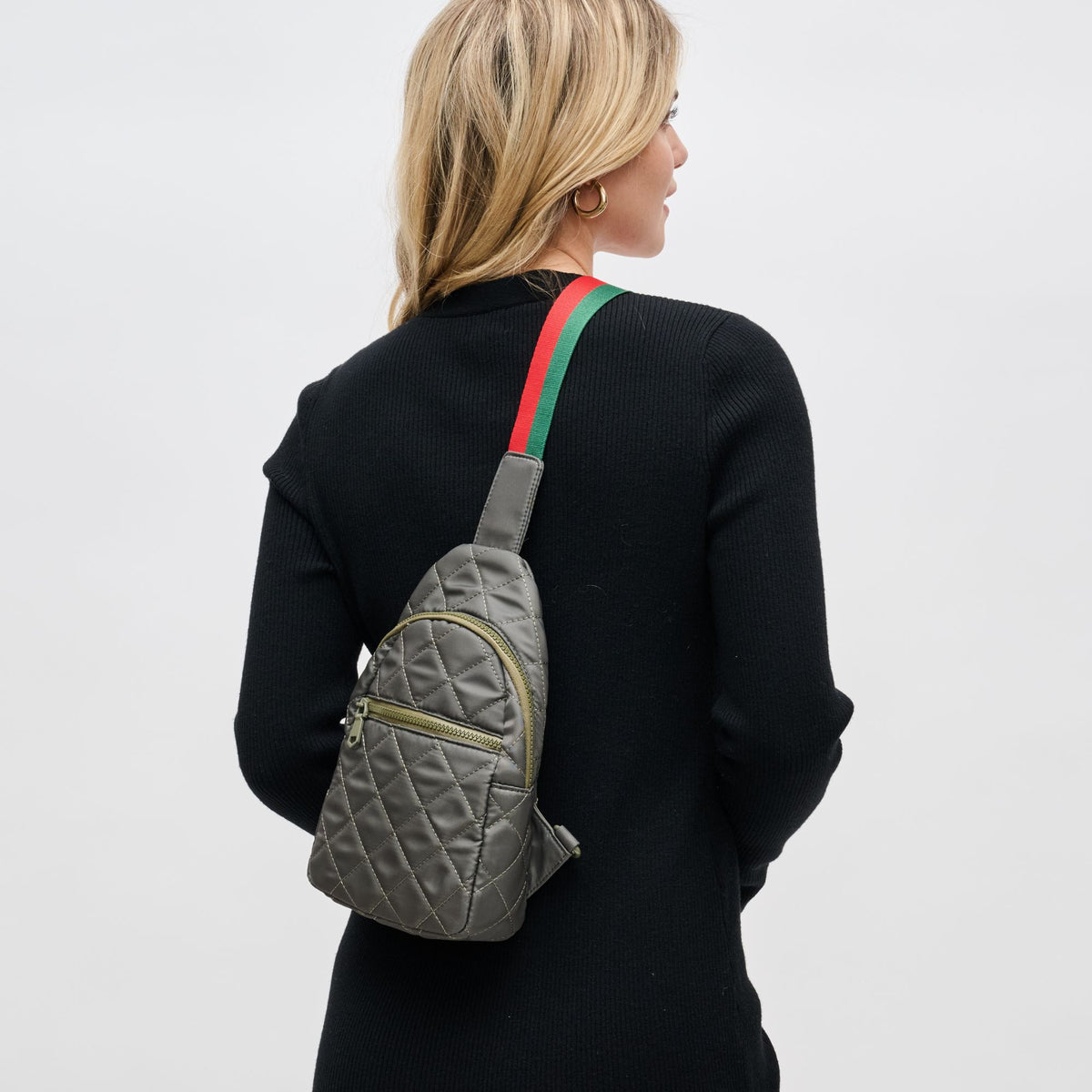 Woman wearing Olive Sol and Selene Motivator Sling Backpack 841764107921 View 2 | Olive