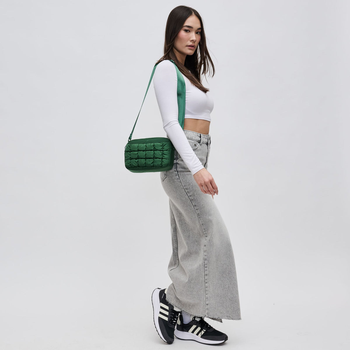 Woman wearing Emerald Sol and Selene Inspiration - Quilted Nylon Crossbody 841764108393 View 3 | Emerald