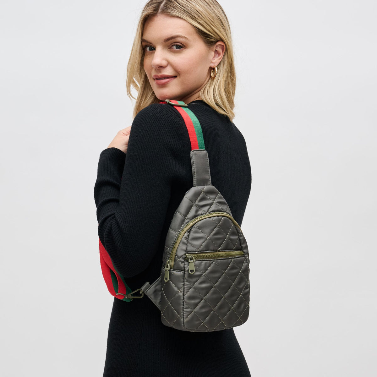 Woman wearing Olive Sol and Selene Motivator Sling Backpack 841764107921 View 1 | Olive
