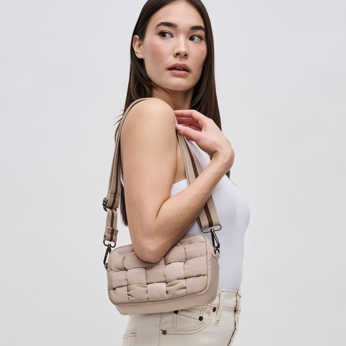 Woman wearing Nude Sol and Selene Inspiration - Woven Nylon Crossbody 841764107587 View 2 | Nude