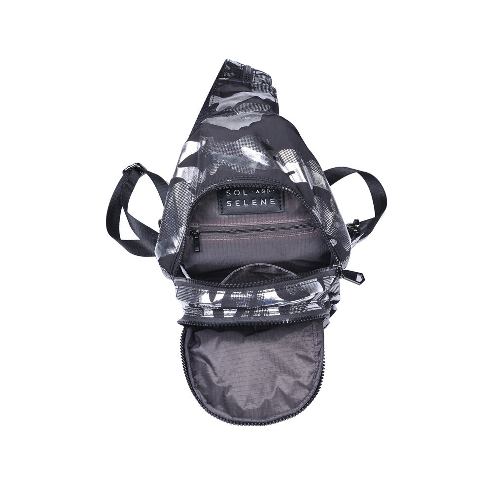 Sol and Selene On The Run Sling Backpack 841764104432 View 8 | Silver Metallic Camo