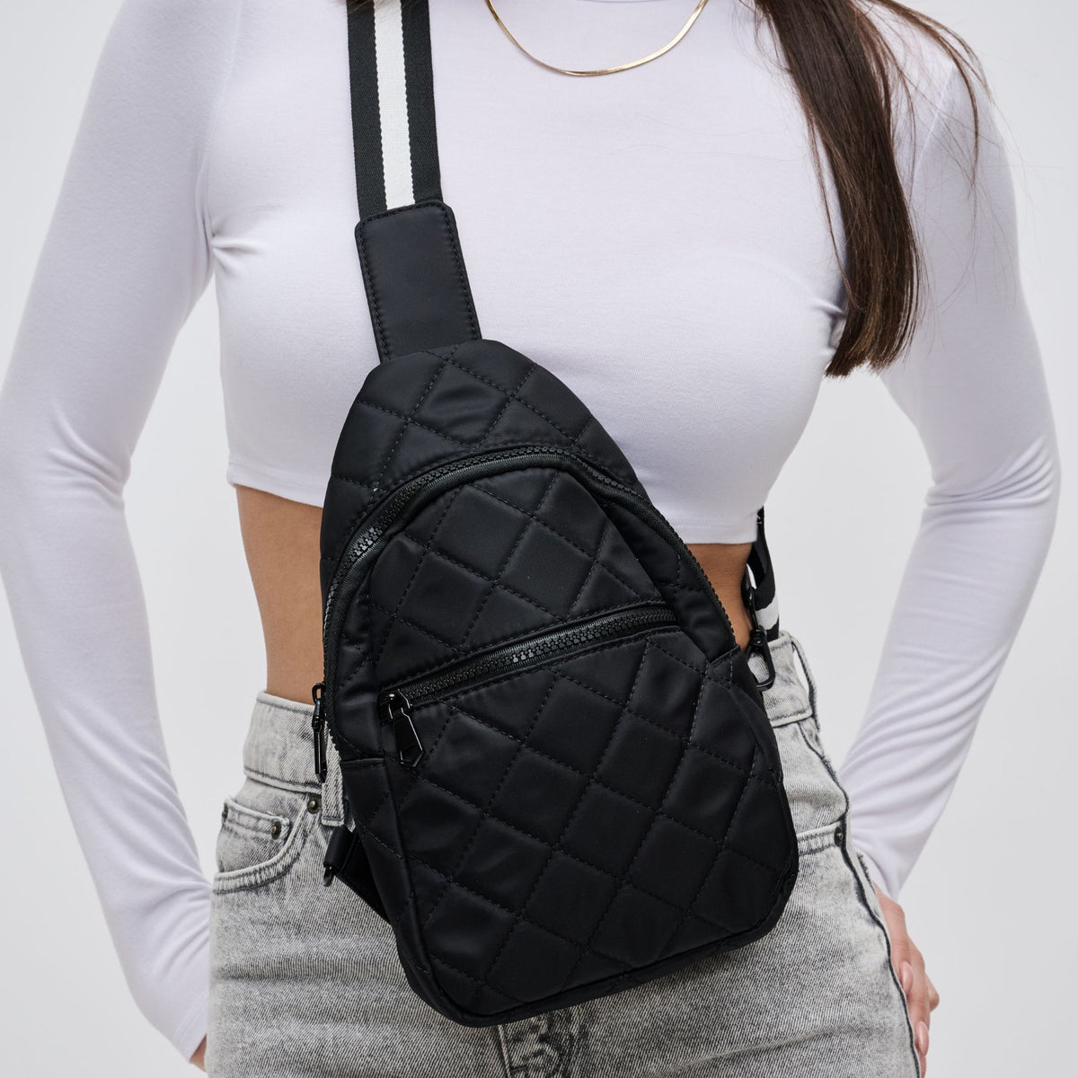 Woman wearing Black Sol and Selene Motivator Sling Backpack 841764106856 View 4 | Black